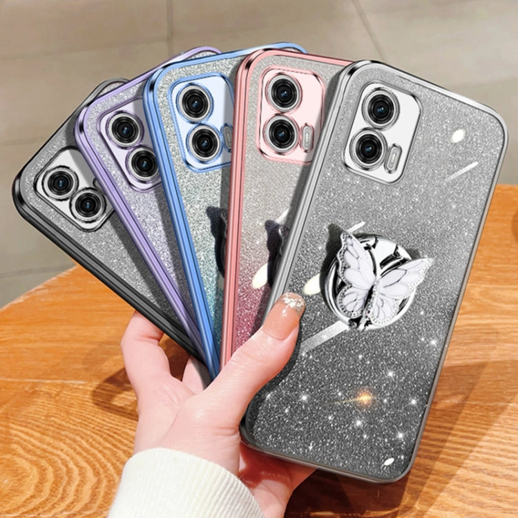 For Motorola Moto G73 Plated Gradient Glitter Butterfly Holder TPU Phone Case