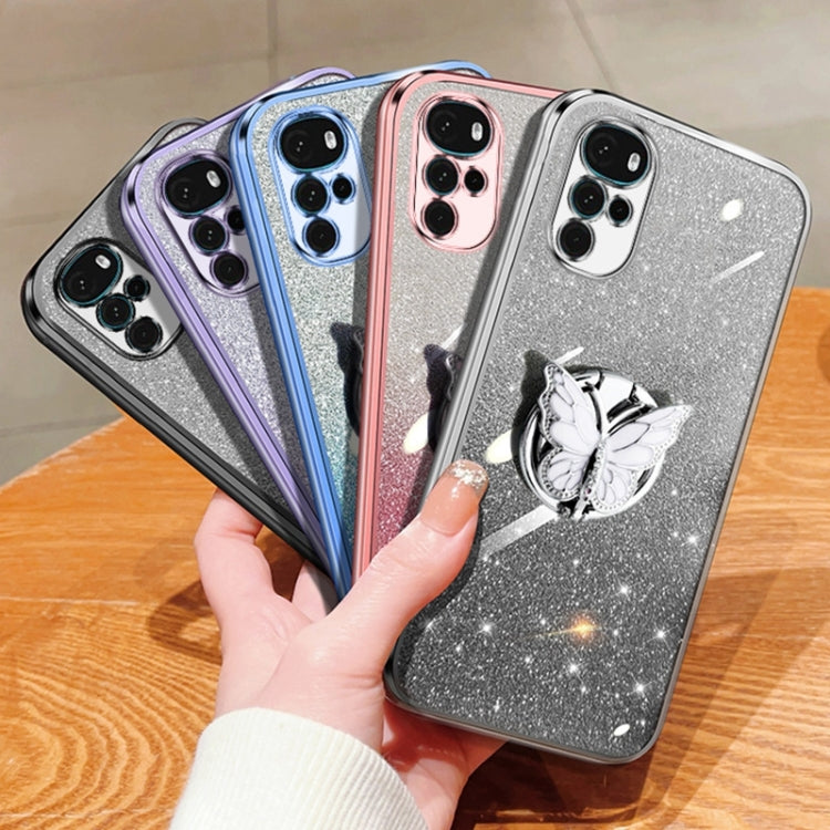 For Motorola Moto G22 Plated Gradient Glitter Butterfly Holder TPU Phone Case