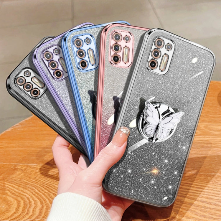 For Motorola Moto G9 Plus Plated Gradient Glitter Butterfly Holder TPU Phone Case