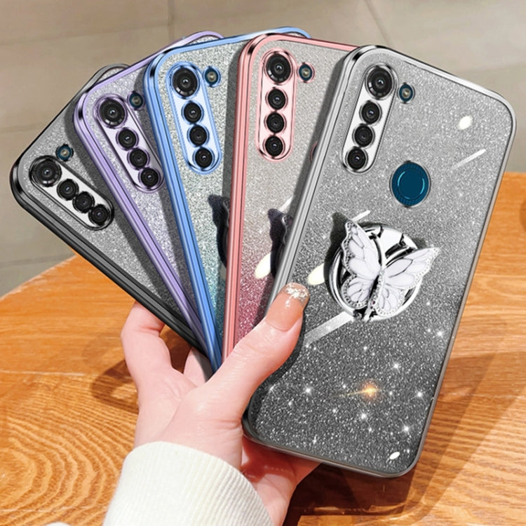 For Motorola Moto G8 Power Plated Gradient Glitter Butterfly Holder TPU Phone Case