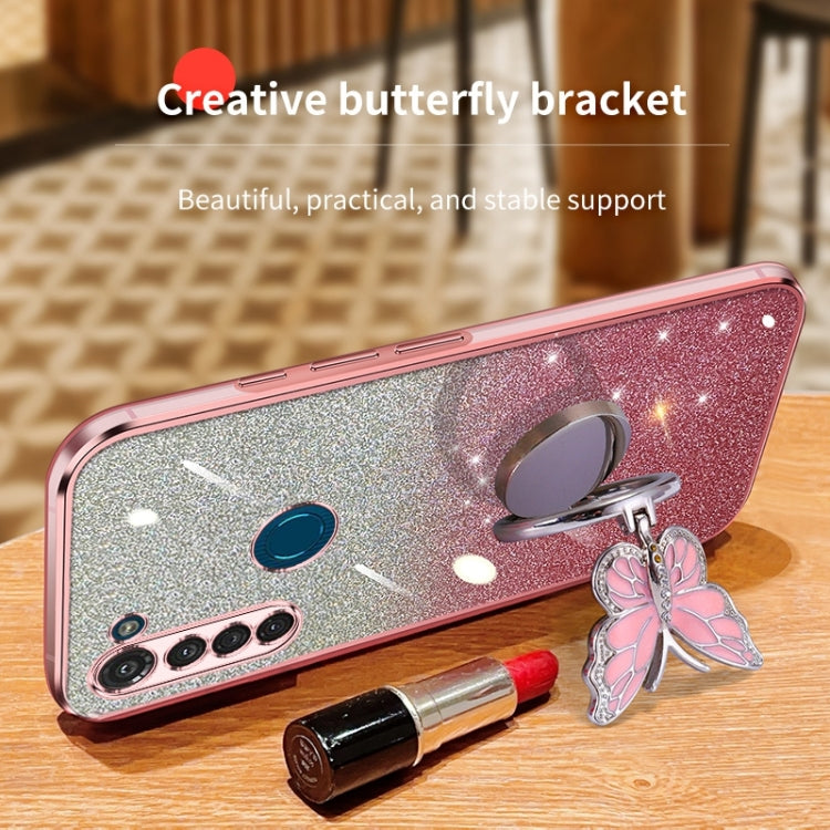For Motorola Moto G8 Power Plated Gradient Glitter Butterfly Holder TPU Phone Case