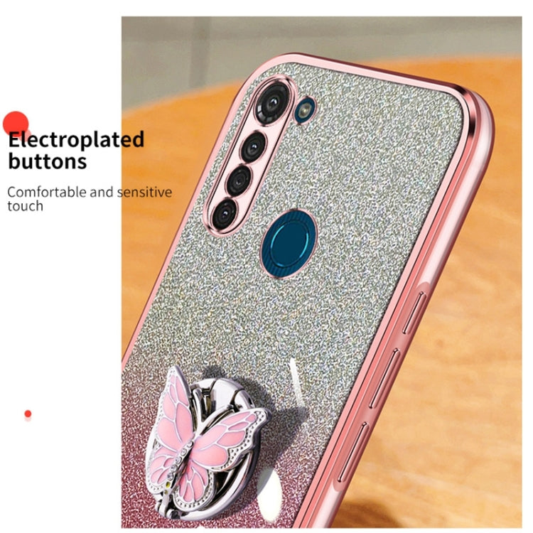For Motorola Moto G8 Power Plated Gradient Glitter Butterfly Holder TPU Phone Case