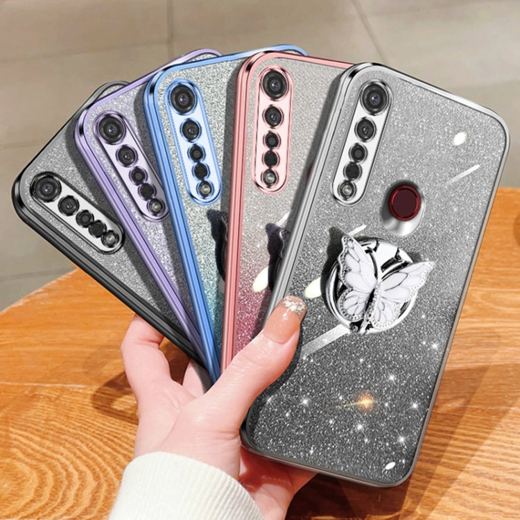 For Motorola Moto G8 Plus Plated Gradient Glitter Butterfly Holder TPU Phone Case