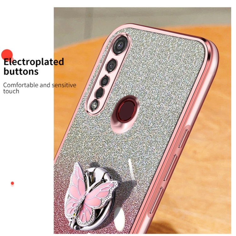 For Motorola Moto G8 Plus Plated Gradient Glitter Butterfly Holder TPU Phone Case