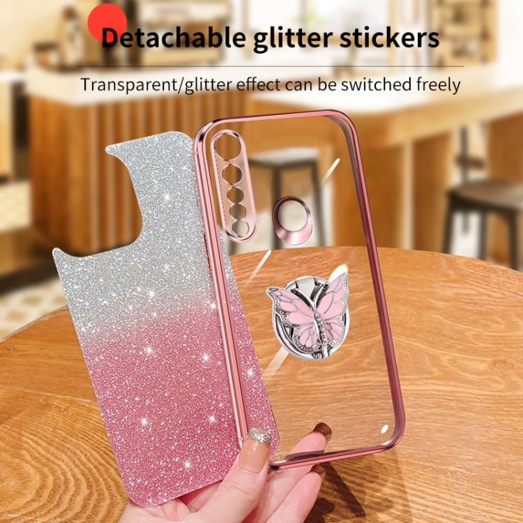 For Motorola Moto G8 Plus Plated Gradient Glitter Butterfly Holder TPU Phone Case