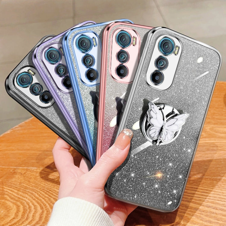 For Motorola Edge 30 Plated Gradient Glitter Butterfly Holder TPU Phone Case