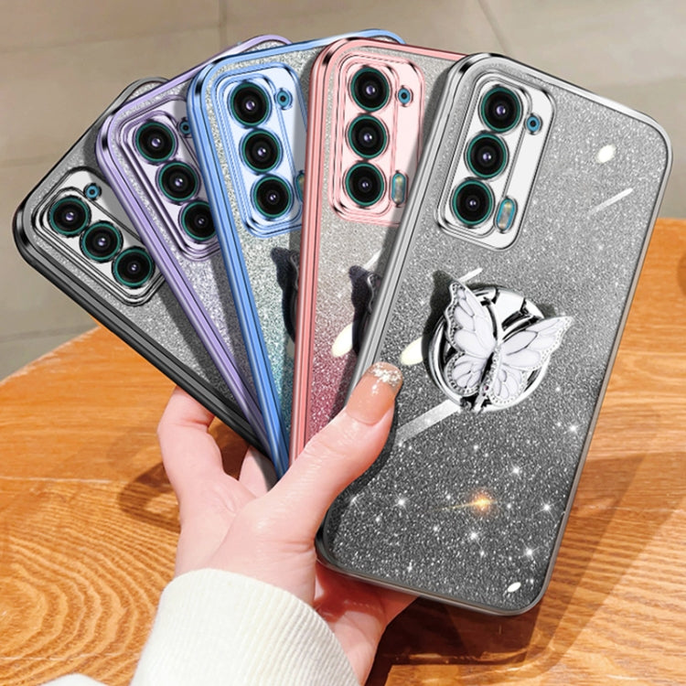 For Motorola Edge 20 Plated Gradient Glitter Butterfly Holder TPU Phone Case