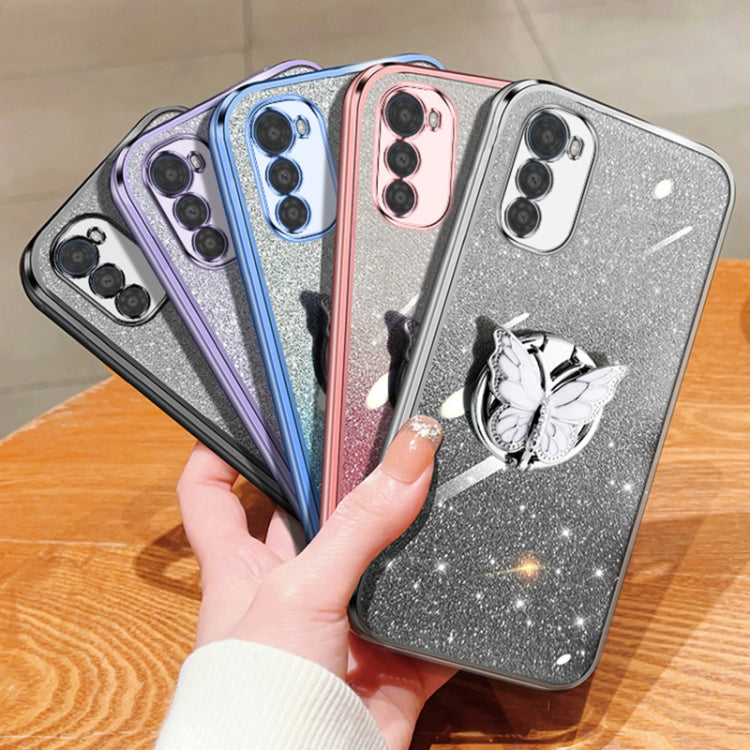 For Motorola Moto E32 Plated Gradient Glitter Butterfly Holder TPU Phone Case