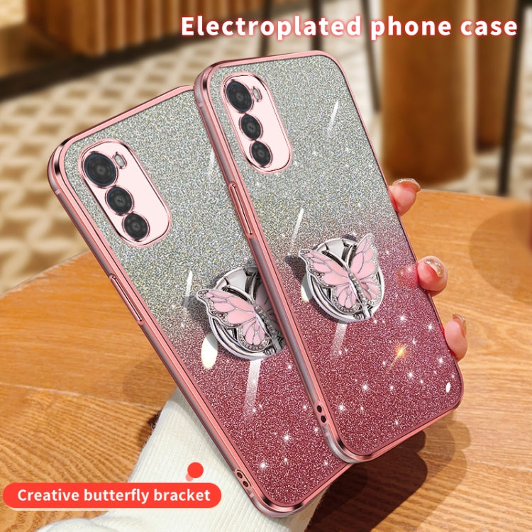 For Motorola Moto E32 Plated Gradient Glitter Butterfly Holder TPU Phone Case
