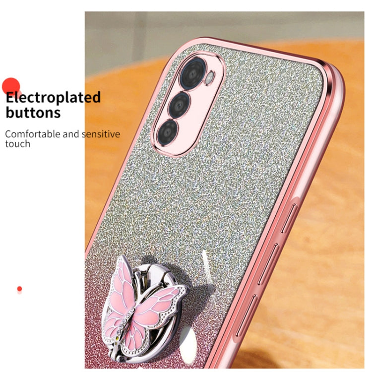 For Motorola Moto E32 Plated Gradient Glitter Butterfly Holder TPU Phone Case