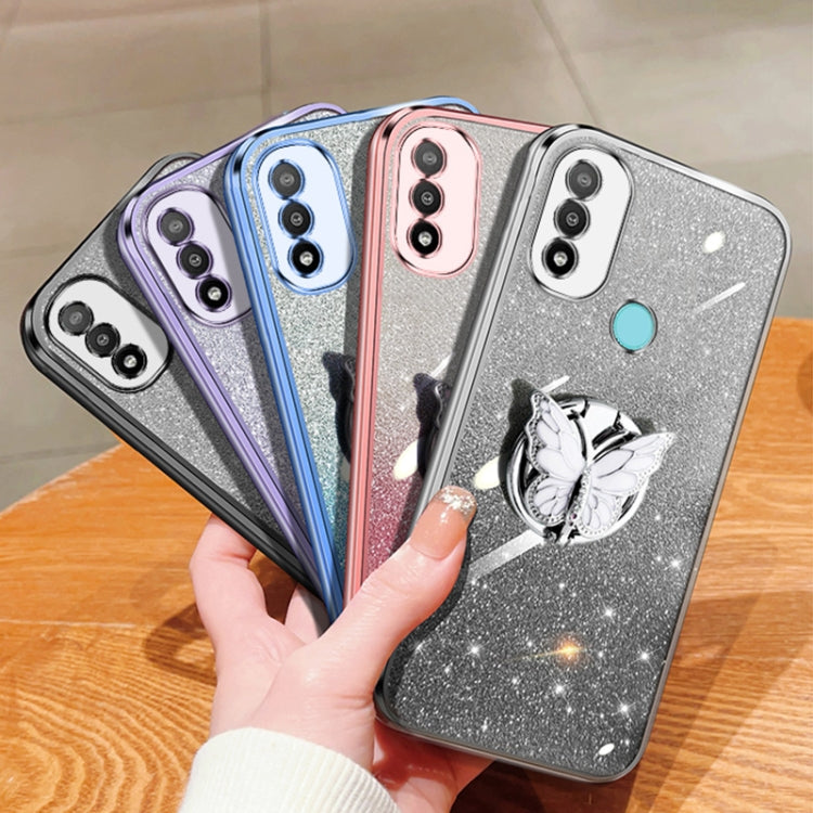 For Motorola Moto E20 Plated Gradient Glitter Butterfly Holder TPU Phone Case