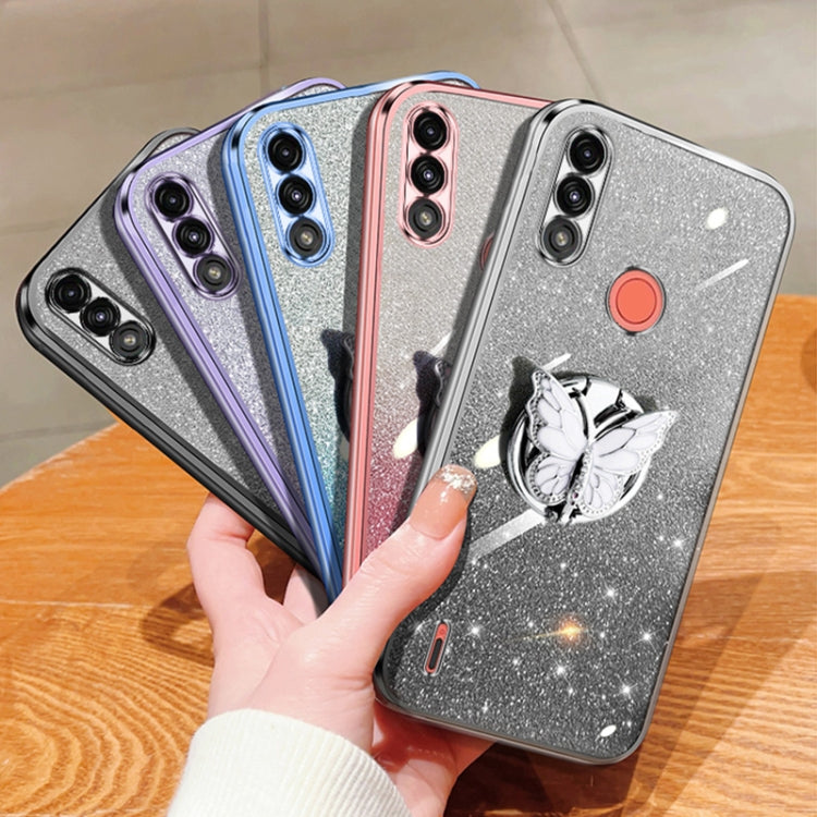 For Motorola Moto E7 Power Plated Gradient Glitter Butterfly Holder TPU Phone Case