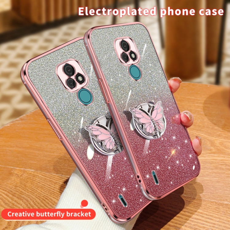 For Motorola Moto E7 Plated Gradient Glitter Butterfly Holder TPU Phone Case