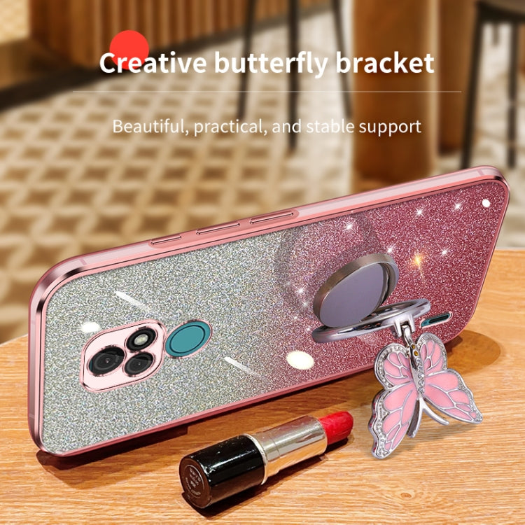 For Motorola Moto E7 Plated Gradient Glitter Butterfly Holder TPU Phone Case