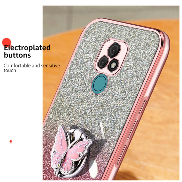 For Motorola Moto E7 Plated Gradient Glitter Butterfly Holder TPU Phone Case