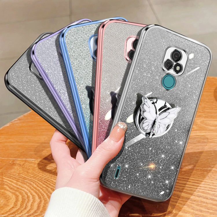 For Motorola Moto E7 Plated Gradient Glitter Butterfly Holder TPU Phone Case
