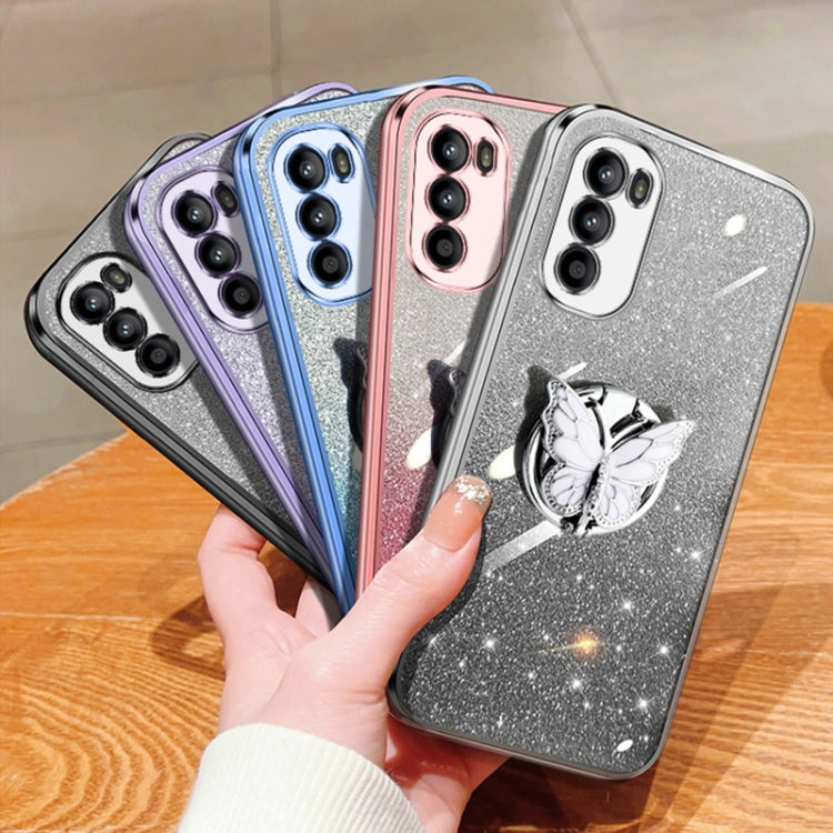 For Motorola Moto G52 Plated Gradient Glitter Butterfly Holder TPU Phone Case