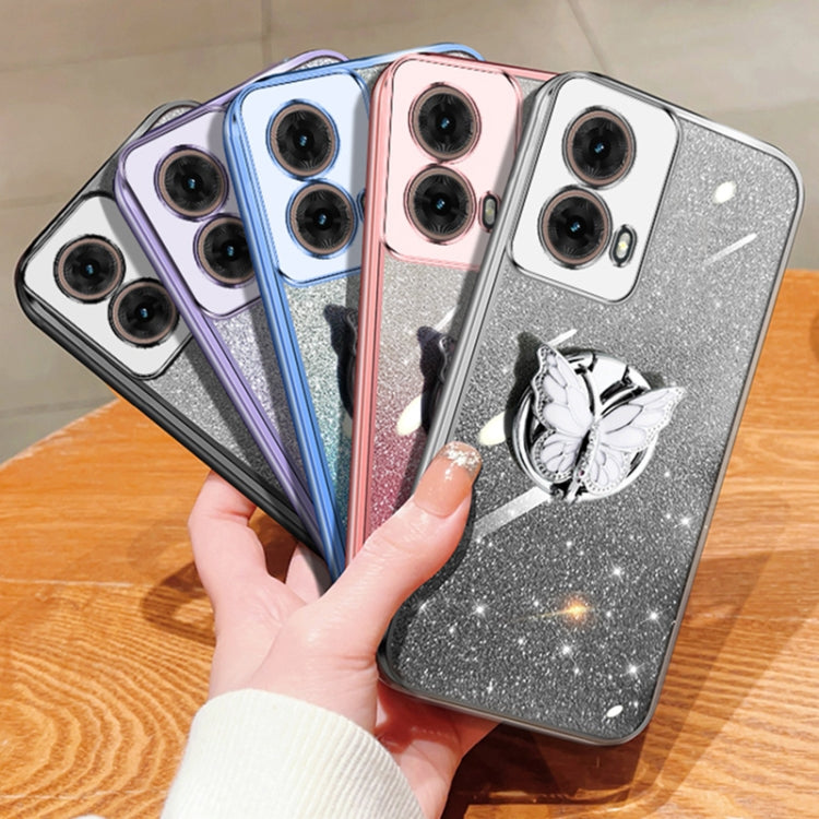 For Motorola Moto G85 Plated Gradient Glitter Butterfly Holder TPU Phone Case