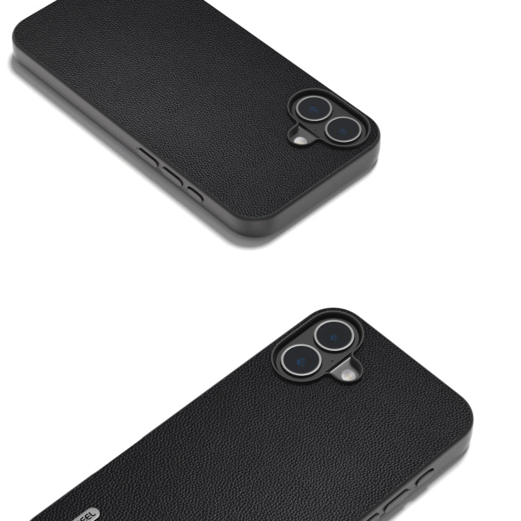 For iPhone 16 Plus ABEEL Black Frame Genuine Leather Elegant Phone Case