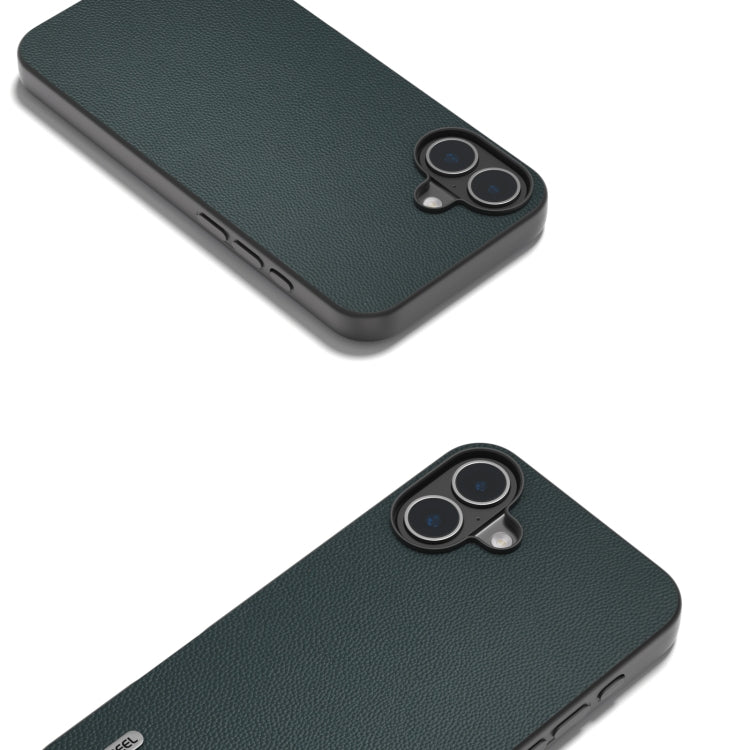 For iPhone 16 Plus ABEEL Black Frame Genuine Leather Elegant Phone Case