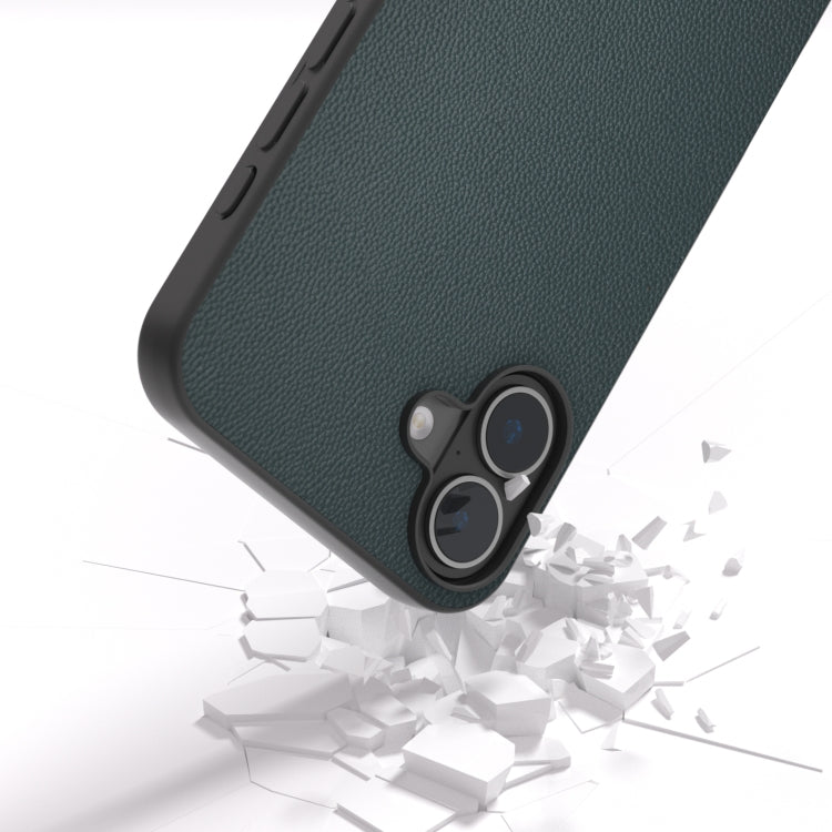 For iPhone 16 Plus ABEEL Black Frame Genuine Leather Elegant Phone Case