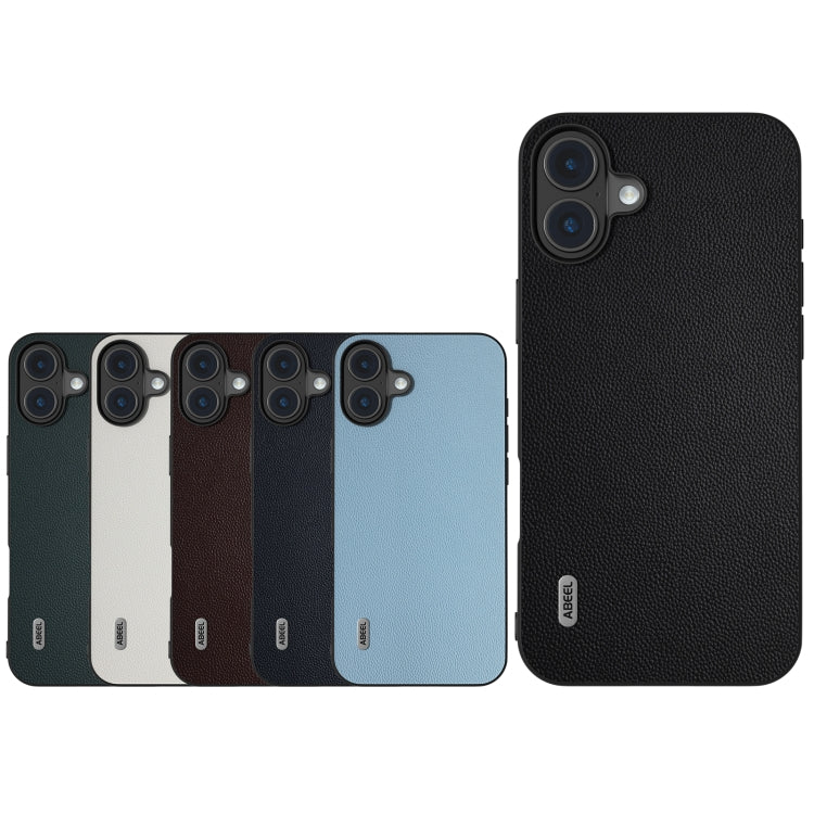 For iPhone 16 Plus ABEEL Black Frame Genuine Leather Elegant Phone Case