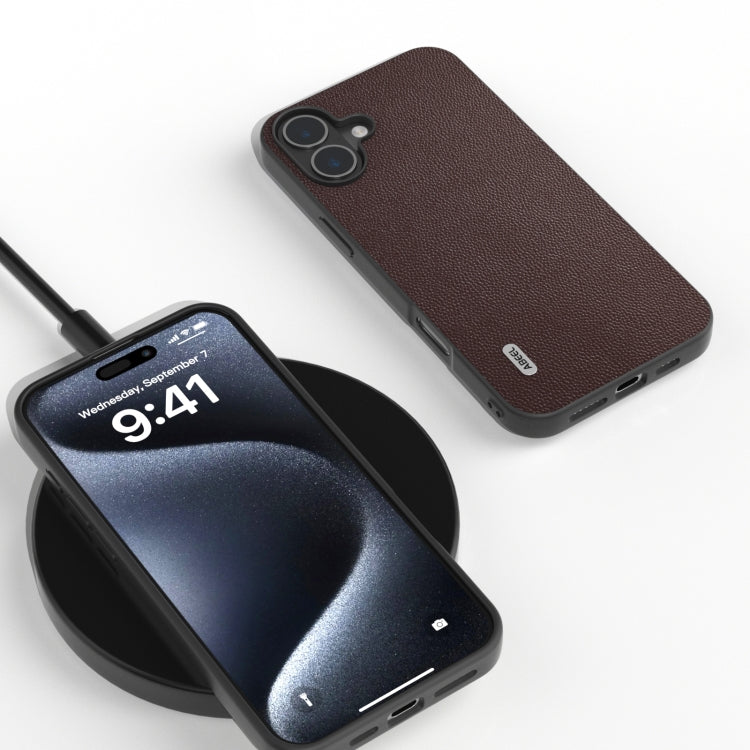 For iPhone 16 ABEEL Black Frame Genuine Leather Elegant Phone Case