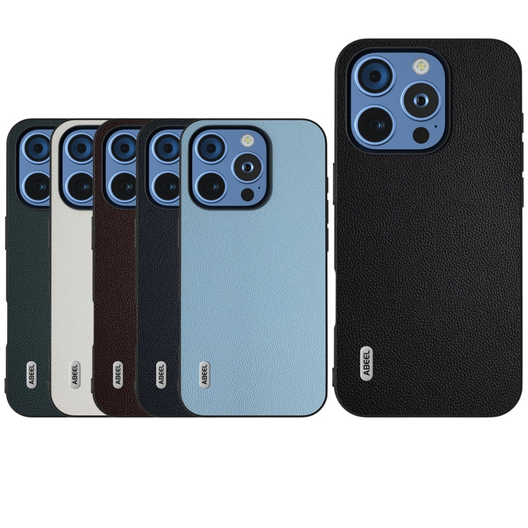 For iPhone 16 Pro ABEEL Black Frame Genuine Leather Elegant Phone Case