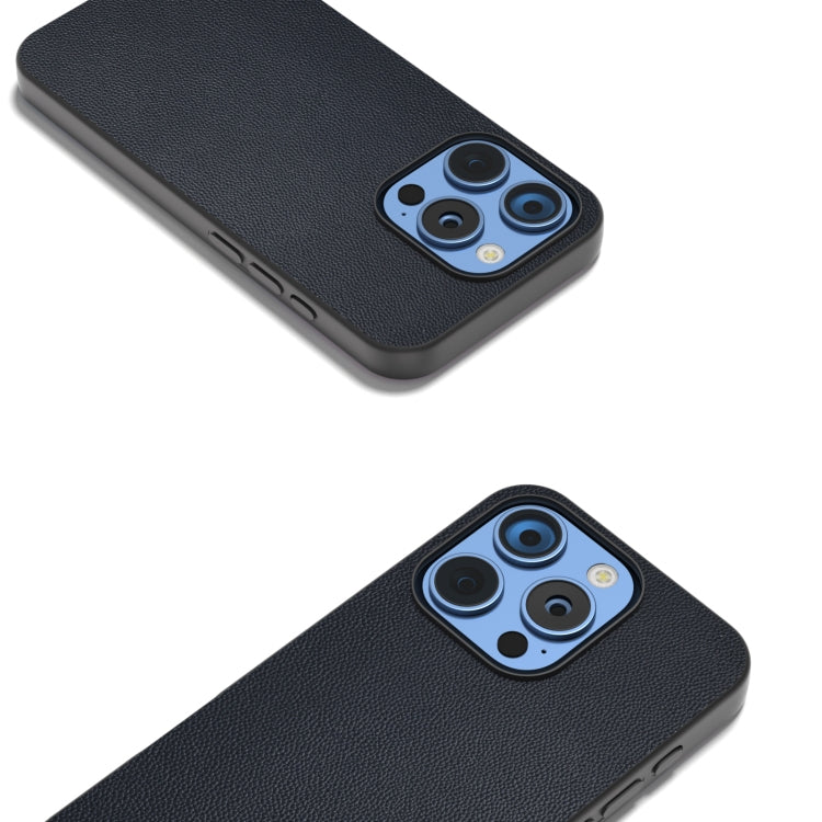 For iPhone 16 Pro ABEEL Black Frame Genuine Leather Elegant Phone Case