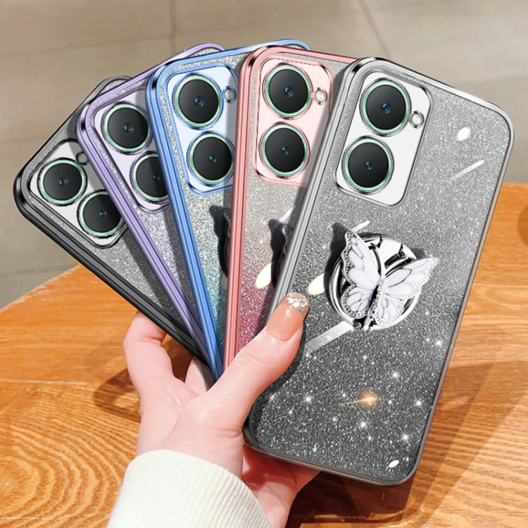 For vivo Y03 Plated Gradient Glitter Butterfly Holder TPU Phone Case