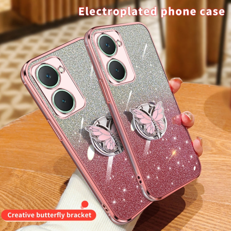 For vivo Y03 Plated Gradient Glitter Butterfly Holder TPU Phone Case