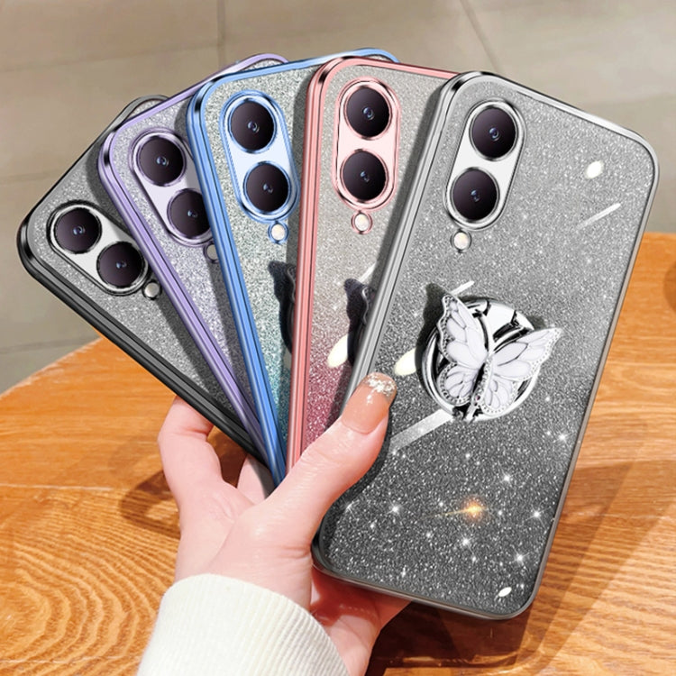 For vivo Y17s Plated Gradient Glitter Butterfly Holder TPU Phone Case