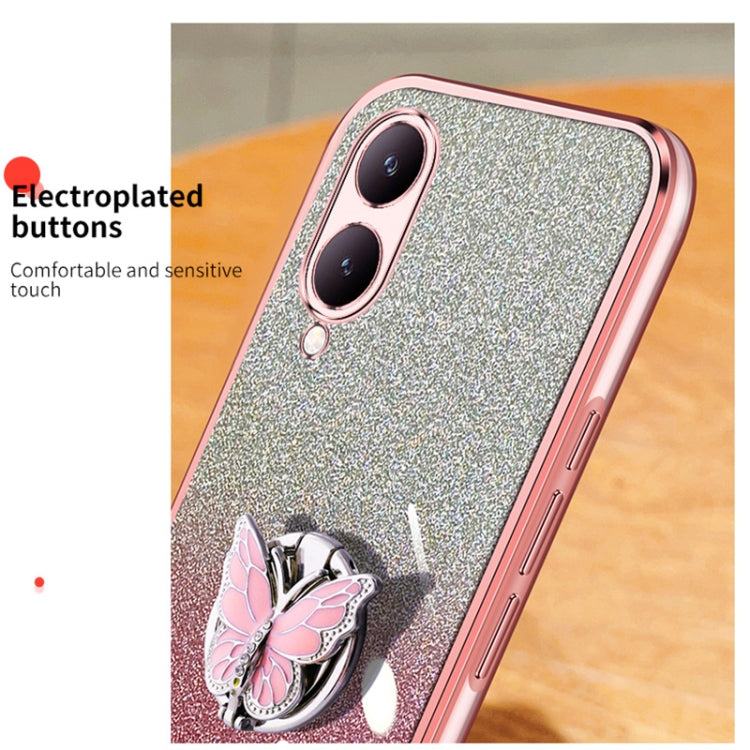 For vivo Y17s Plated Gradient Glitter Butterfly Holder TPU Phone Case