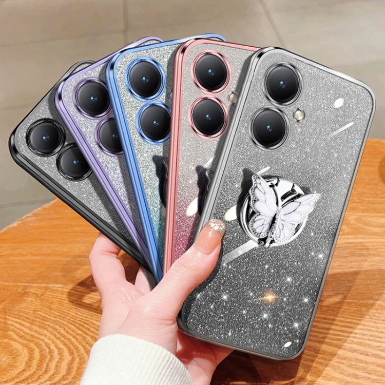For vivo Y35+ Plated Gradient Glitter Butterfly Holder TPU Phone Case