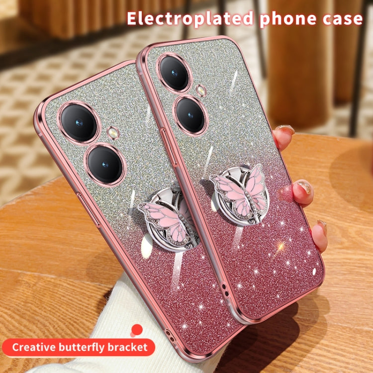 For vivo Y35+ Plated Gradient Glitter Butterfly Holder TPU Phone Case
