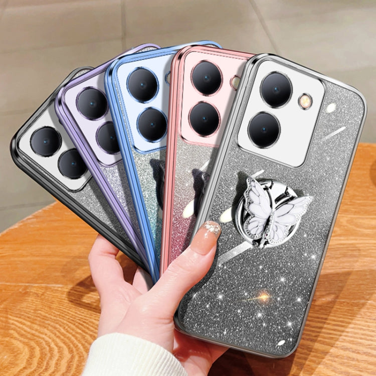 For vivo Y78 Plated Gradient Glitter Butterfly Holder TPU Phone Case