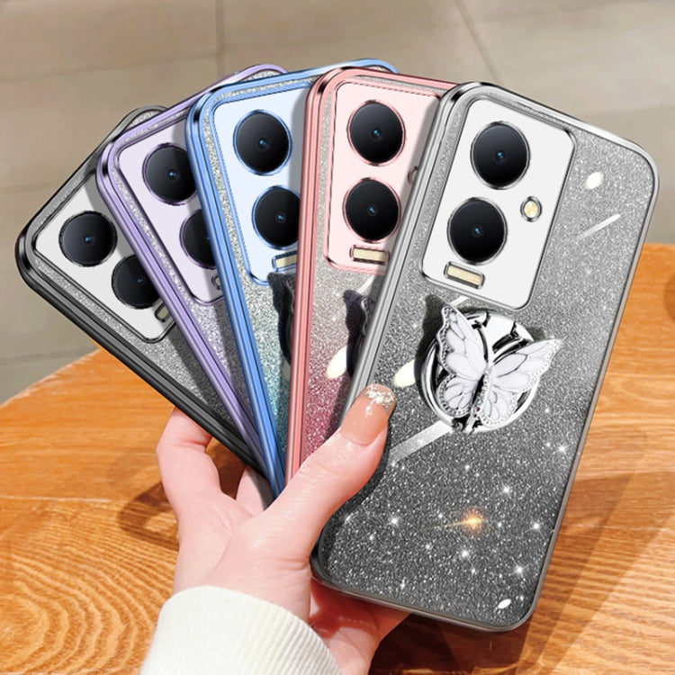 For vivo Y78+ Plated Gradient Glitter Butterfly Holder TPU Phone Case