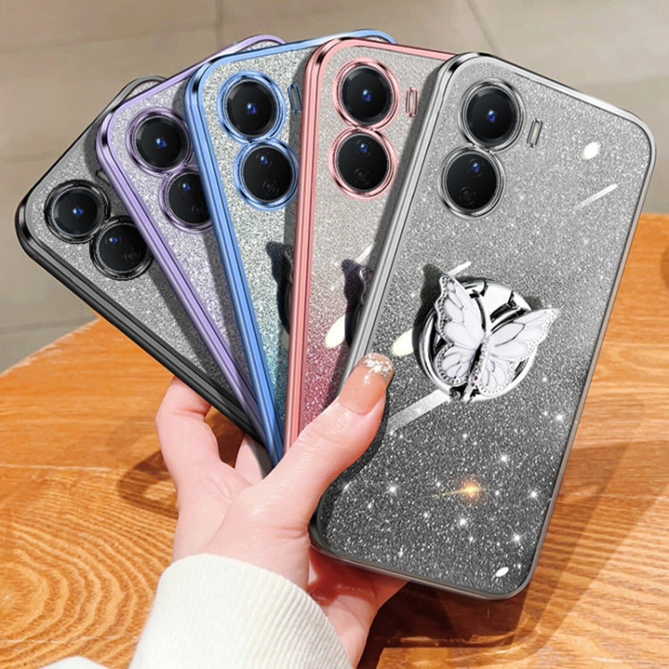 For vivo Y16 Plated Gradient Glitter Butterfly Holder TPU Phone Case