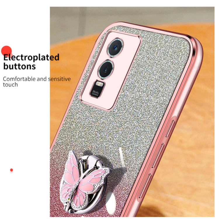 For vivo Y76s Plated Gradient Glitter Butterfly Holder TPU Phone Case