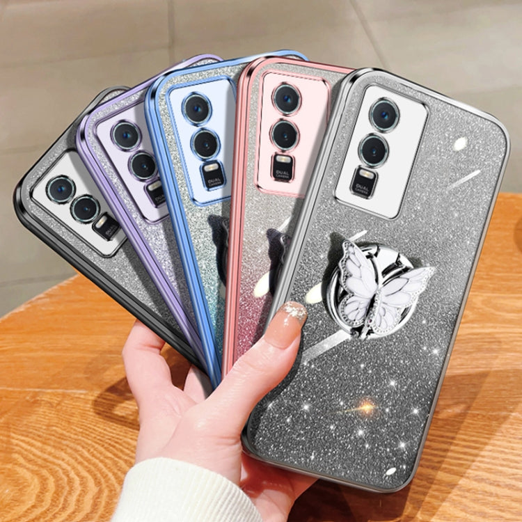 For vivo Y76s Plated Gradient Glitter Butterfly Holder TPU Phone Case
