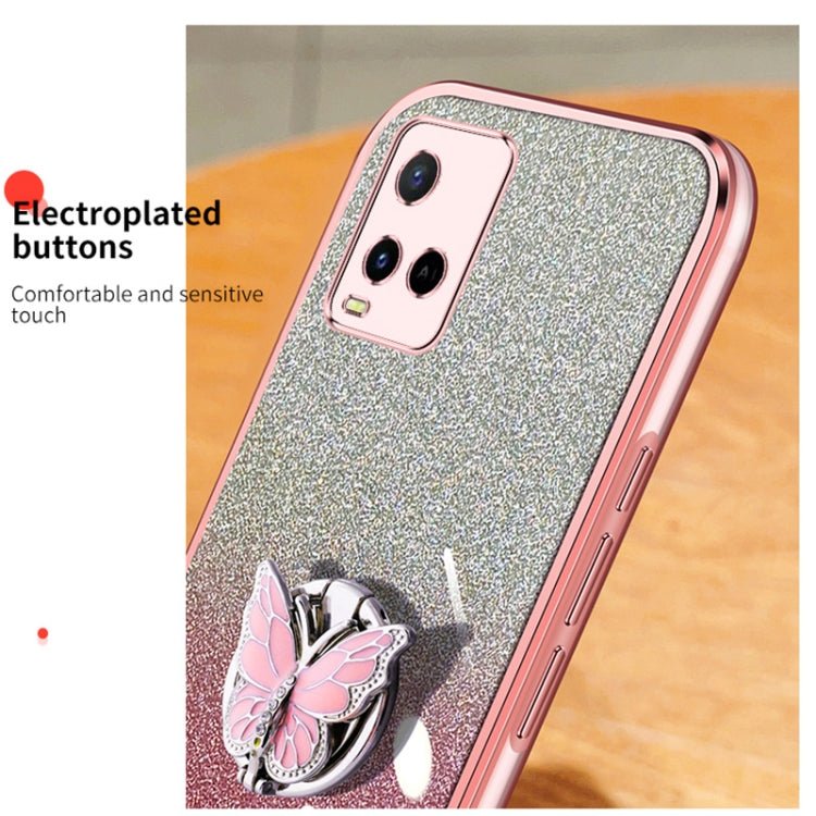 For vivo Y21 Plated Gradient Glitter Butterfly Holder TPU Phone Case