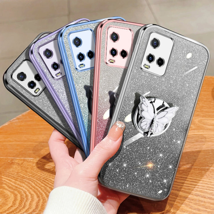 For vivo Y21 Plated Gradient Glitter Butterfly Holder TPU Phone Case