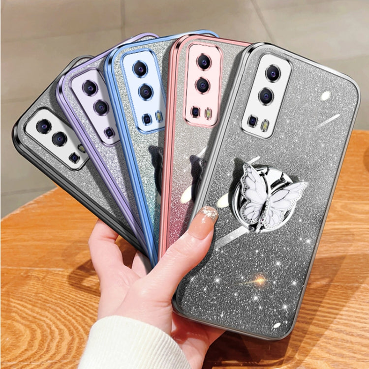 For vivo Y72 5G / iQOO Z3 5G Plated Gradient Glitter Butterfly Holder TPU Phone Case
