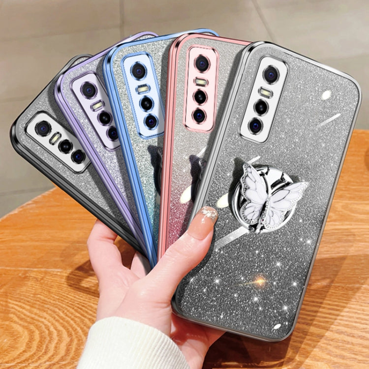 For vivo Y73s Plated Gradient Glitter Butterfly Holder TPU Phone Case