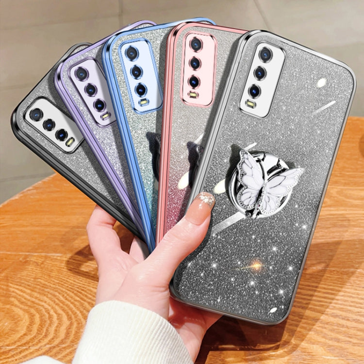 For vivo Y30 / Y20 Plated Gradient Glitter Butterfly Holder TPU Phone Case