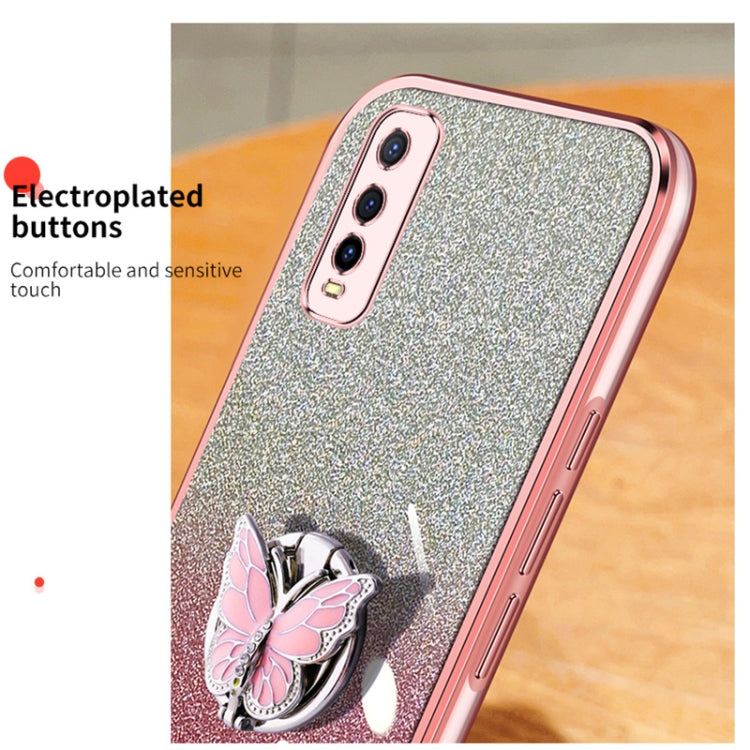 For vivo Y70s Plated Gradient Glitter Butterfly Holder TPU Phone Case