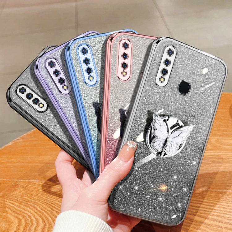 For vivo Y5s Plated Gradient Glitter Butterfly Holder TPU Phone Case