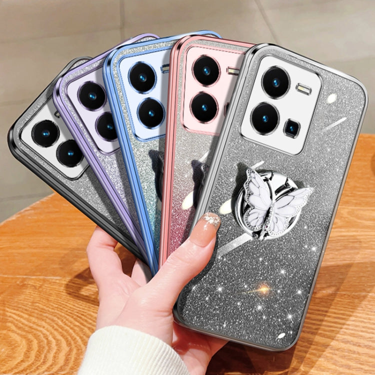 For vivo Y35 Global 2022 Plated Gradient Glitter Butterfly Holder TPU Phone Case