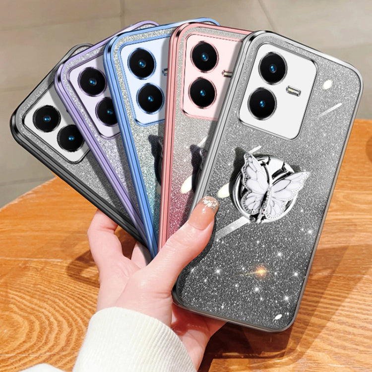 For vivo Y22 / Y22s Plated Gradient Glitter Butterfly Holder TPU Phone Case