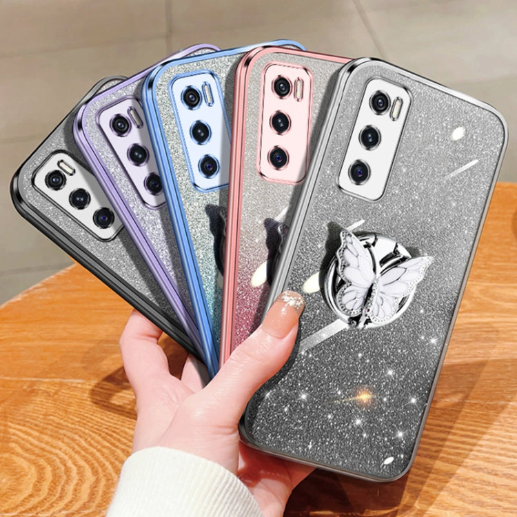 For vivo V20 SE Plated Gradient Glitter Butterfly Holder TPU Phone Case